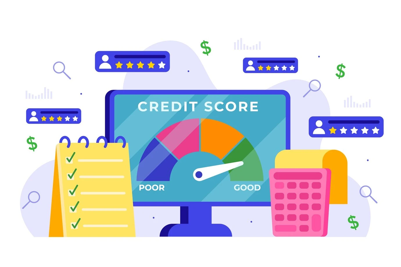 Imagem ilustrativa sobre avaliação de crédito, mostrando um computador com medidor de score de crédito, lista de verificação e calculadora.