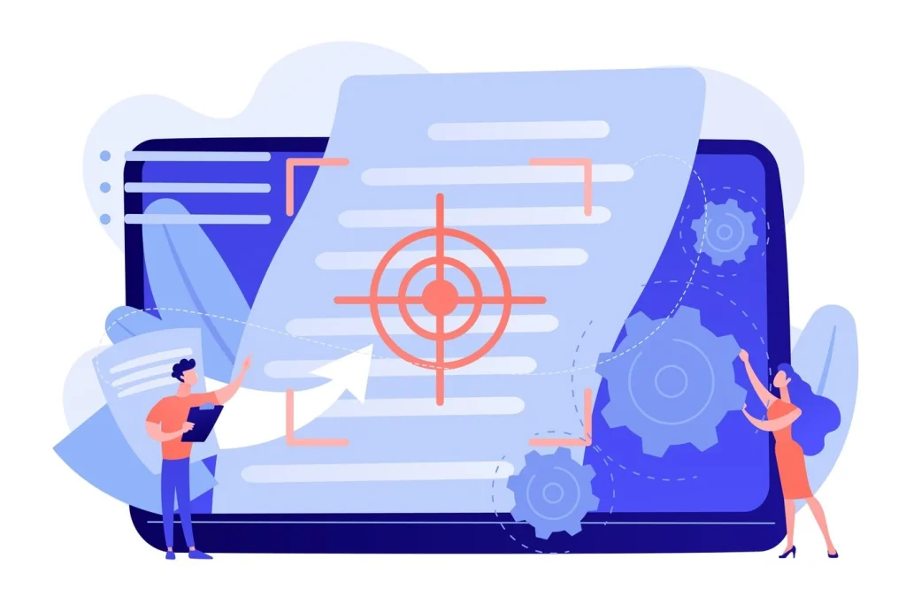 Ilustração sobre Indicadores de Risco, mostrando uma tela com dados, setas direcionadas e engrenagens, destacando a análise de riscos.